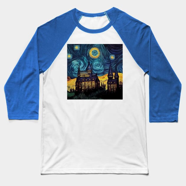 Starry Night Wizarding School Van Gogh Baseball T-Shirt by Grassroots Green